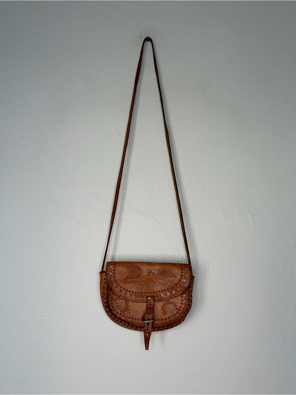 Vintage Hand Tooled Leather Crossbody Bag Boho Southwestern Saddle Bag